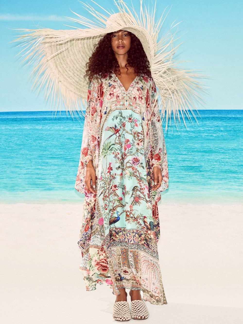Camilla Silk Kaftan Dress, Belted Waist Back, New, One Size